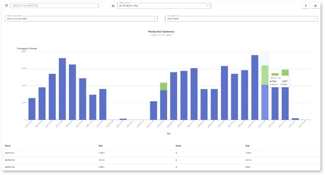 Production summary report showing daily and shift tonnage totals